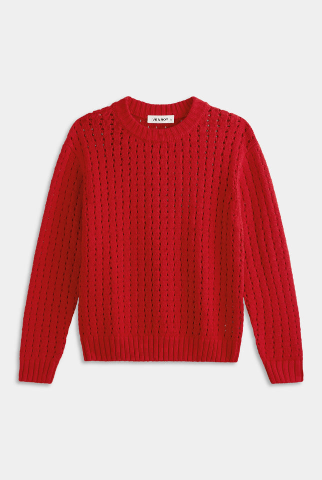 Cotton Cashmere Open Stitch Sweater - Red