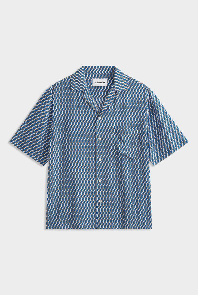 Flat Hem Short Sleeve Silk Camp Collar Shirt - Chocolate/Blue V Monogram