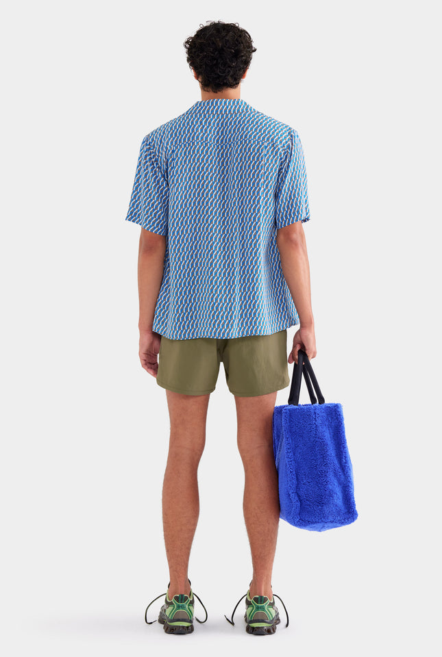 Flat Hem Short Sleeve Silk Camp Collar Shirt - Chocolate/Blue V Monogram