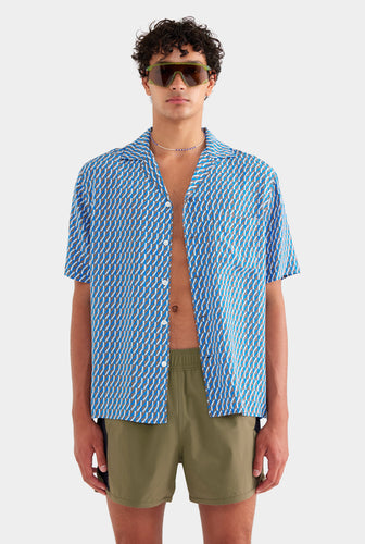 Flat Hem Short Sleeve Silk Camp Collar Shirt - Chocolate/Blue V Monogram