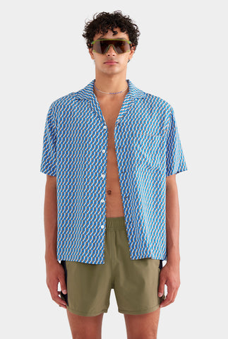 Flat Hem Short Sleeve Silk Camp Collar Shirt - Chocolate/Blue V Monogram