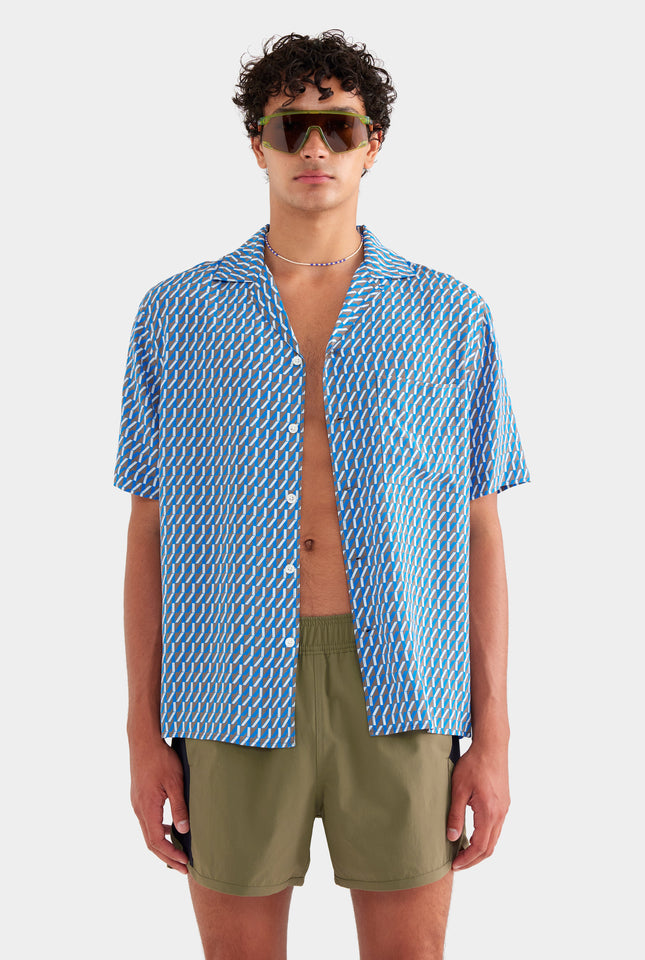 Flat Hem Short Sleeve Silk Camp Collar Shirt - Chocolate/Blue V Monogram