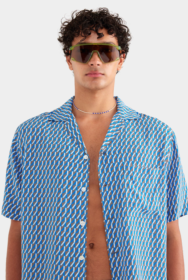 Flat Hem Short Sleeve Silk Camp Collar Shirt - Chocolate/Blue V Monogram
