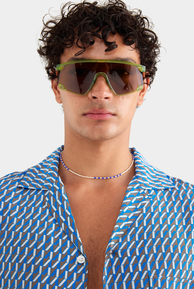 Flat Hem Short Sleeve Silk Camp Collar Shirt - Chocolate/Blue V Monogram