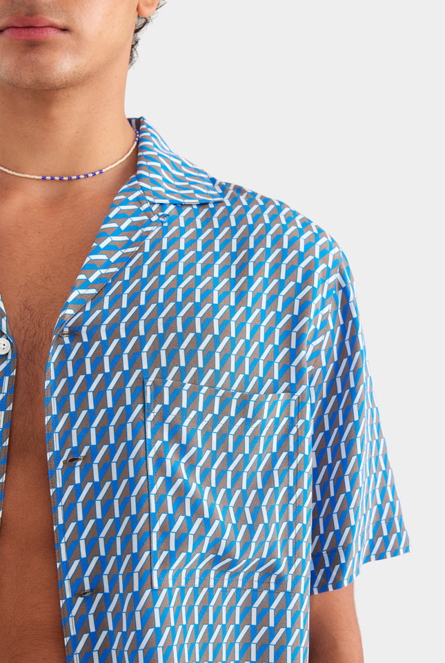 Flat Hem Short Sleeve Silk Camp Collar Shirt - Chocolate/Blue V Monogram