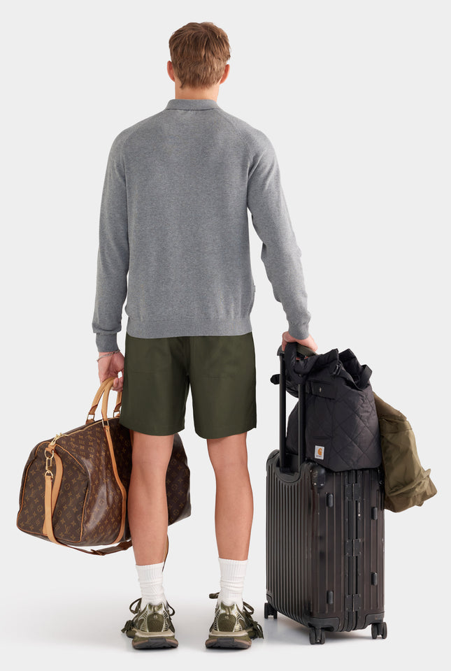 Long Sleeve Cotton Raglan Knit Polo - Dark Grey Marl