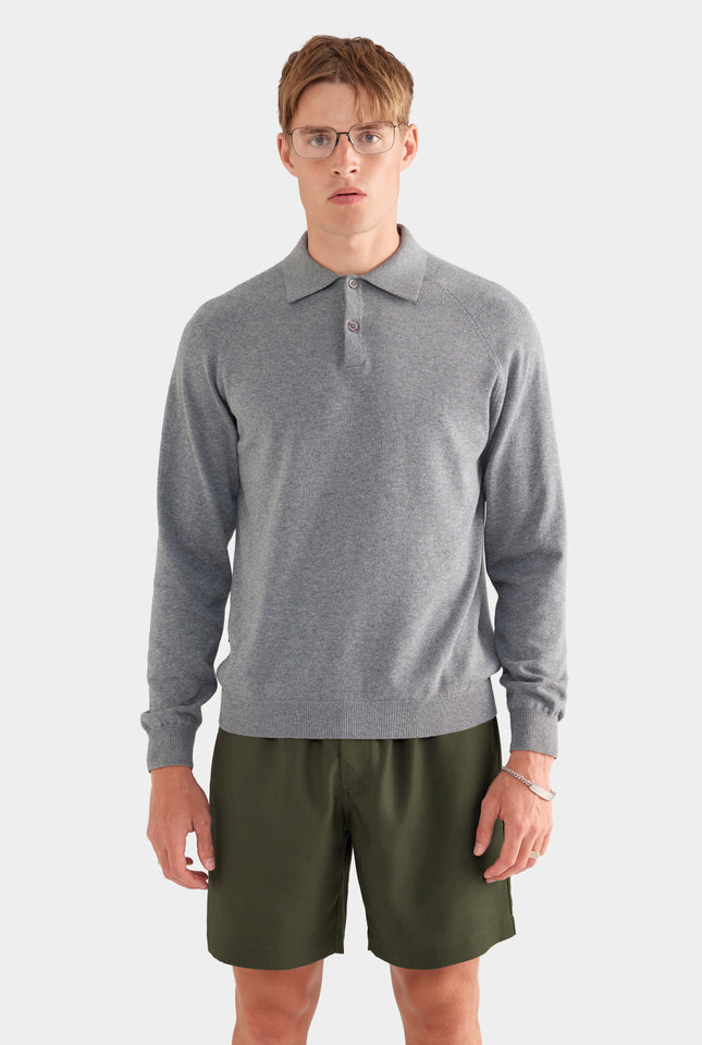 Long Sleeve Cotton Raglan Knit Polo - Dark Grey Marl