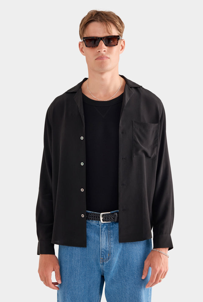 Long Sleeve Silk Camp Collar Shirt - Dark Slate Blue