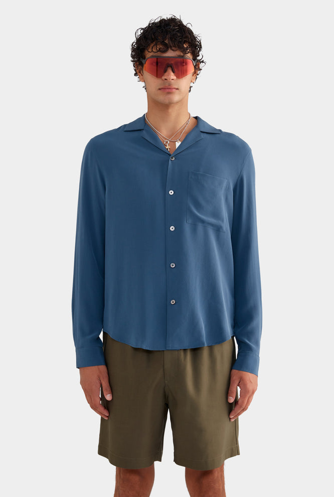 Long Sleeve Silk Camp Collar Shirt - Off White/Honolulu Print