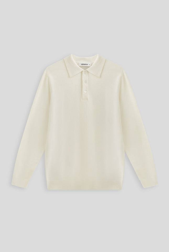 Long Sleeve Boucle Knit Polo - Antique White