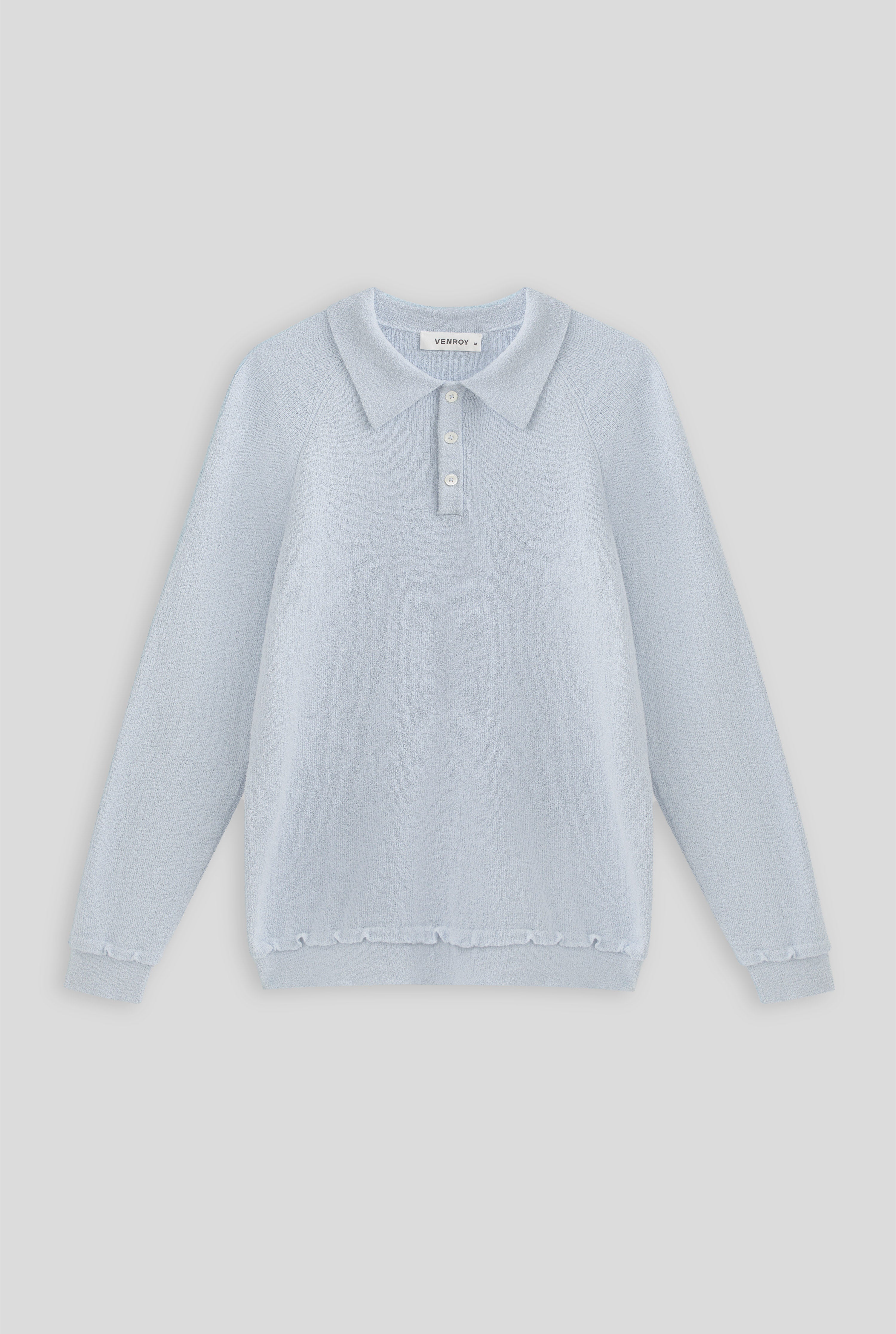 Long Sleeve Cotton Boucle Raglan Knit Polo - Fog Blue