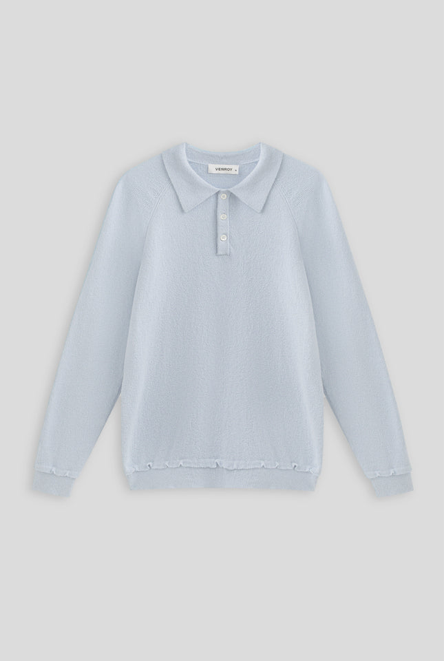 Long Sleeve Cotton Boucle Raglan Knit Polo - Fog Blue