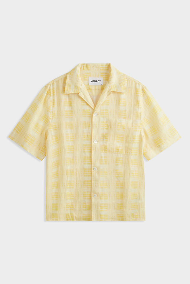 Printed Short Sleeve Linen Camp Collar Shirt - Yellow Painted Check