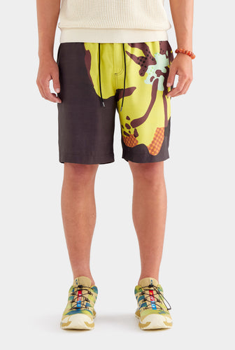 Printed Relaxed Tencel Short - Black Hibiscus