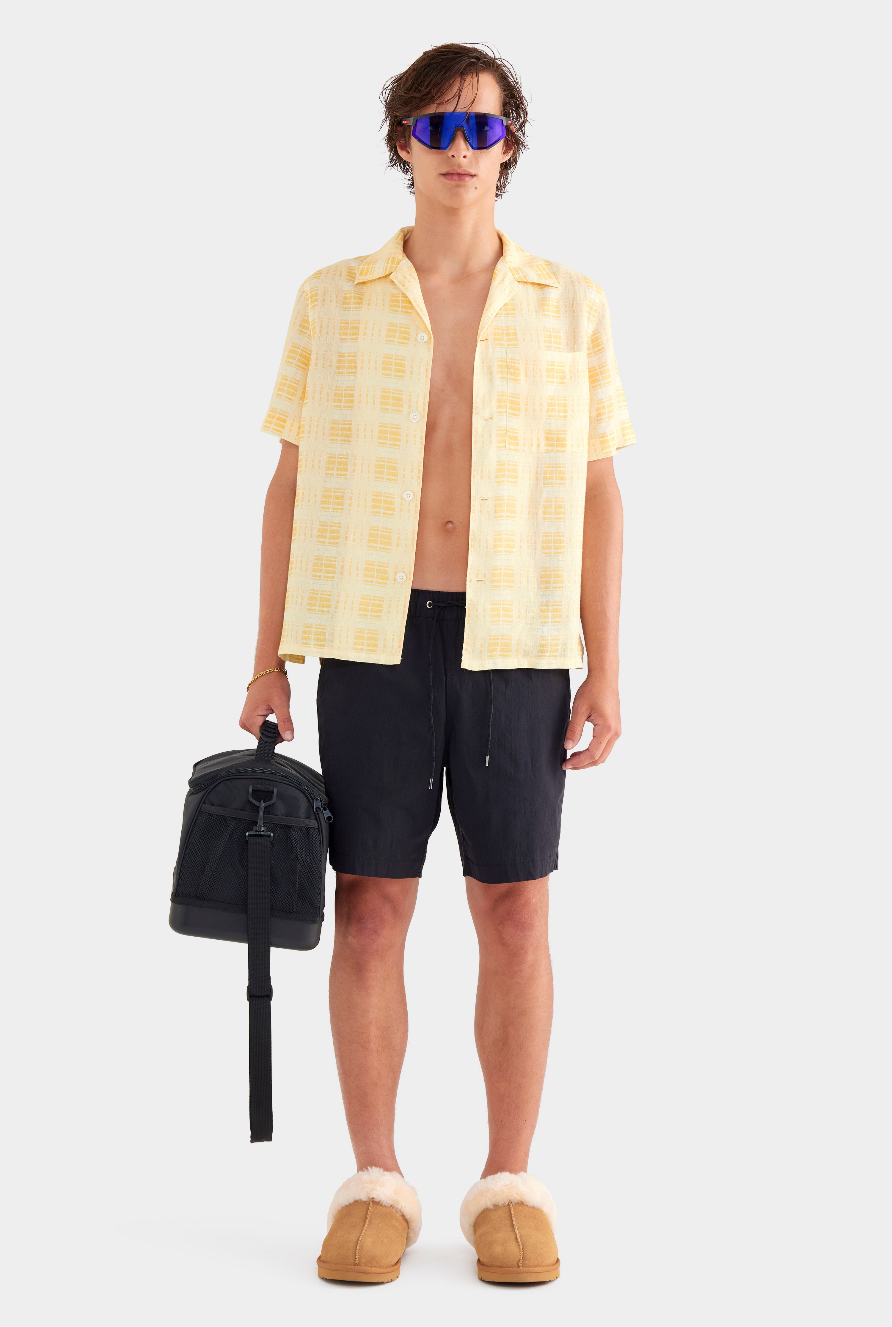 Printed Short Sleeve Linen Camp Collar Shirt - Yellow Painted Check