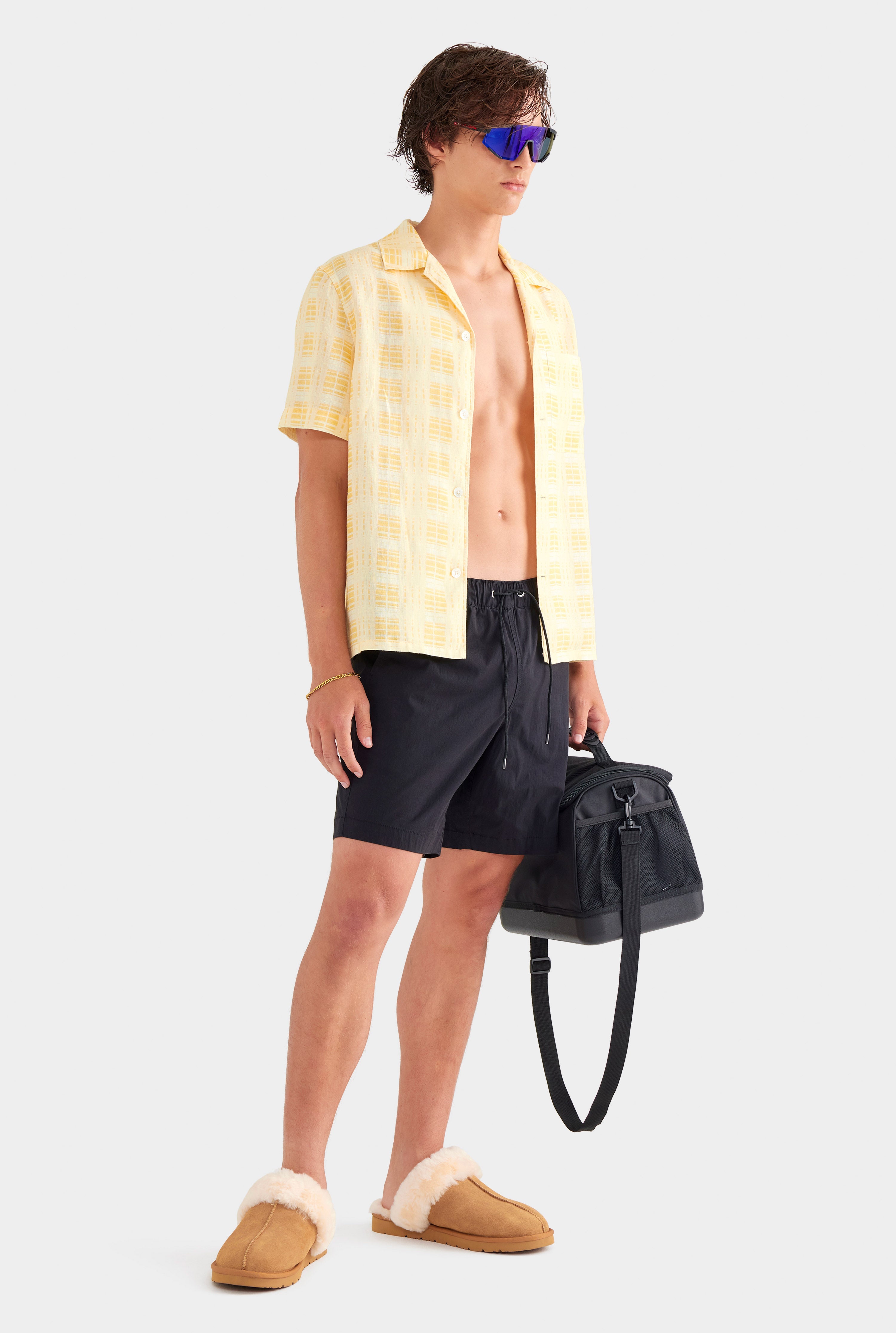 Printed Short Sleeve Linen Camp Collar Shirt - Yellow Painted Check