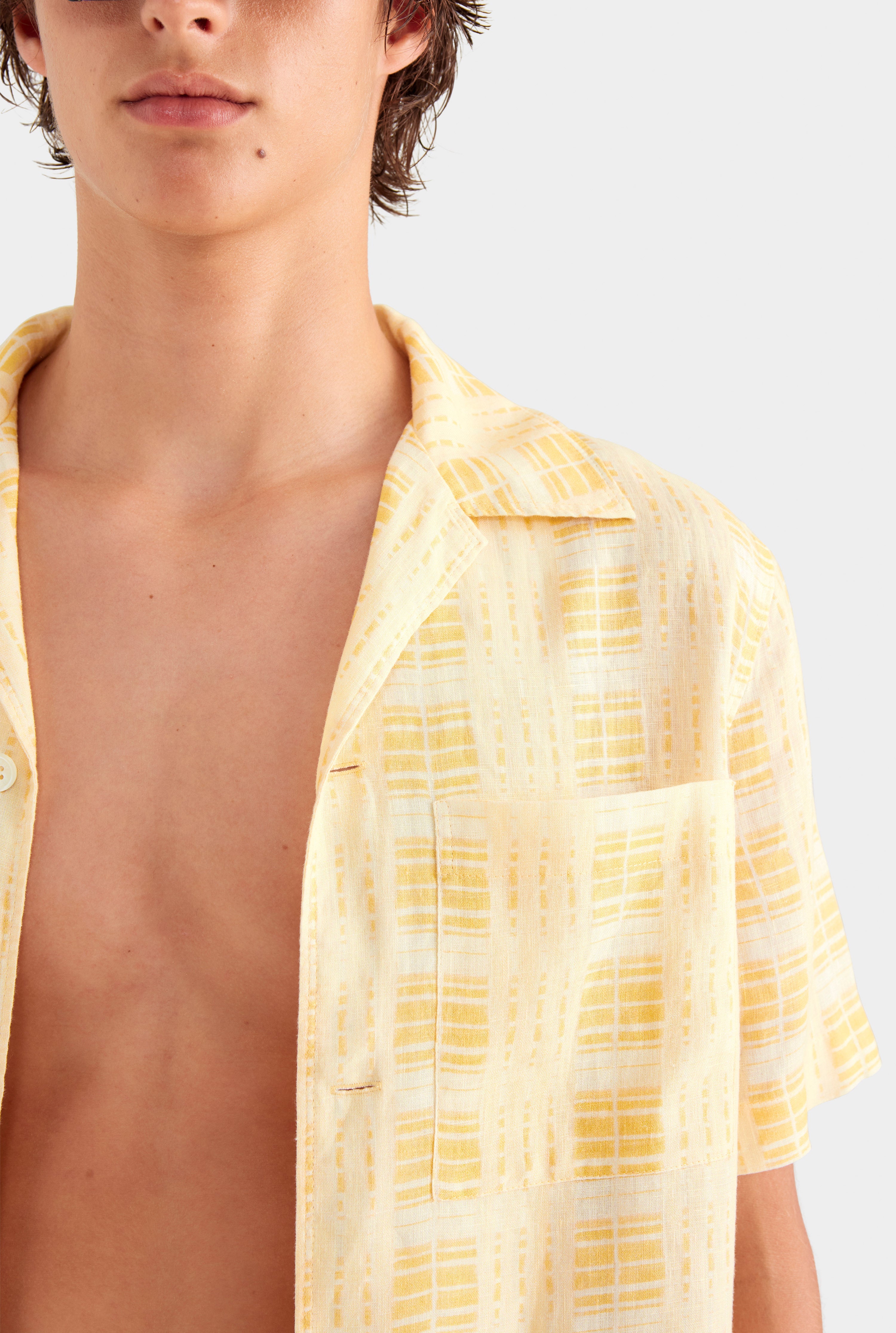 Printed Short Sleeve Linen Camp Collar Shirt - Yellow Painted Check