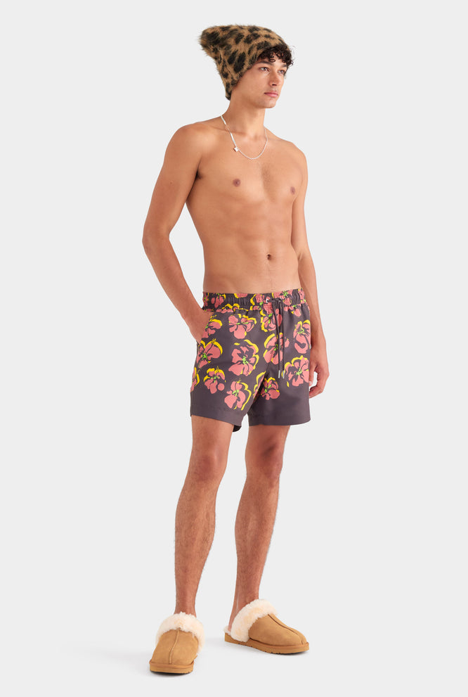 Printed Swim Short - Black/Maroon Hibiscus