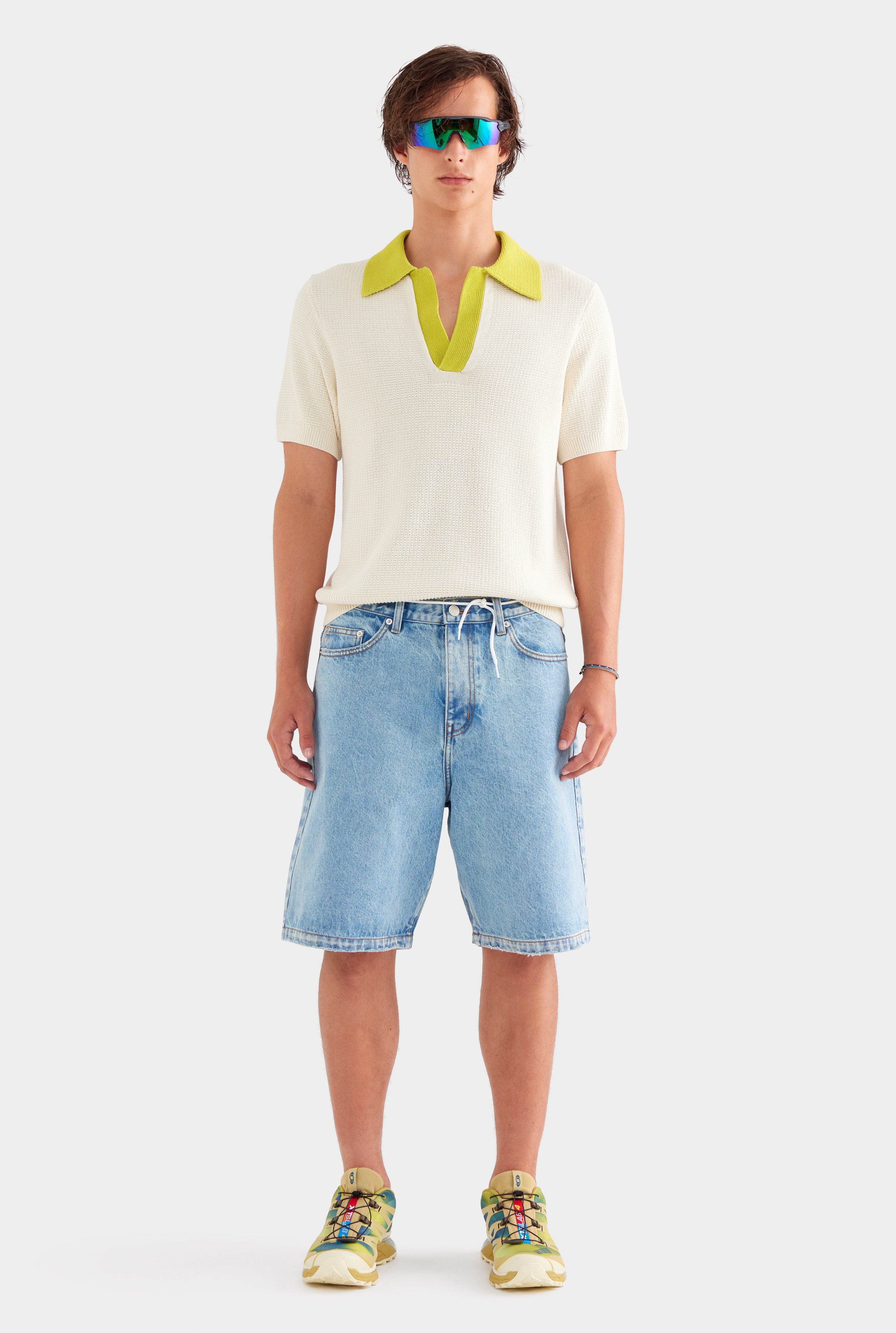 Relaxed Cotton Knit Open Neck Polo - Cream/Dijon
