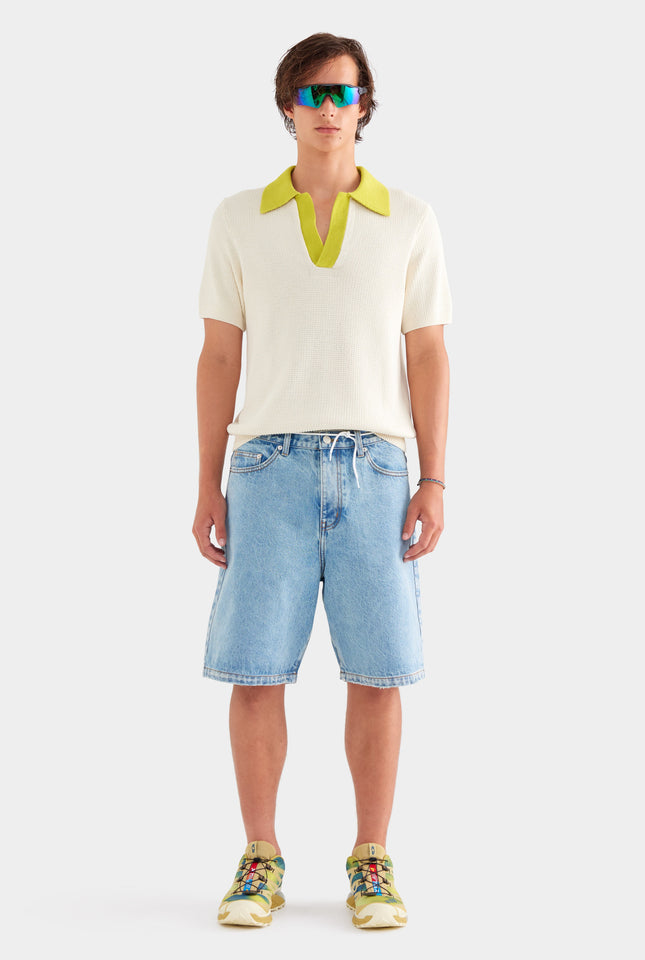 Relaxed Cotton Knit Open Neck Polo - Cream/Dijon