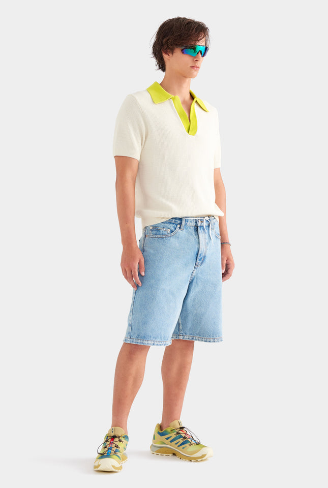Relaxed Cotton Knit Open Neck Polo - Cream/Dijon