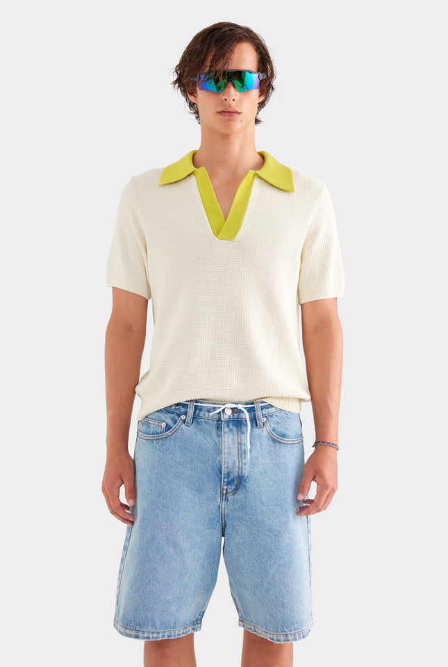 Relaxed Cotton Knit Open Neck Polo - Cream/Dijon