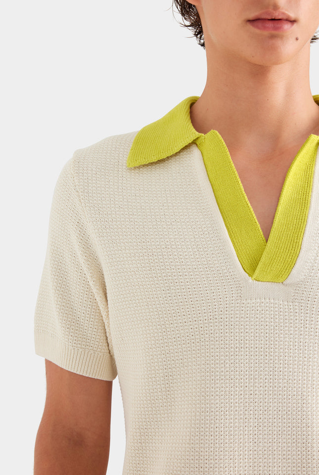 Relaxed Cotton Knit Open Neck Polo - Cream/Dijon