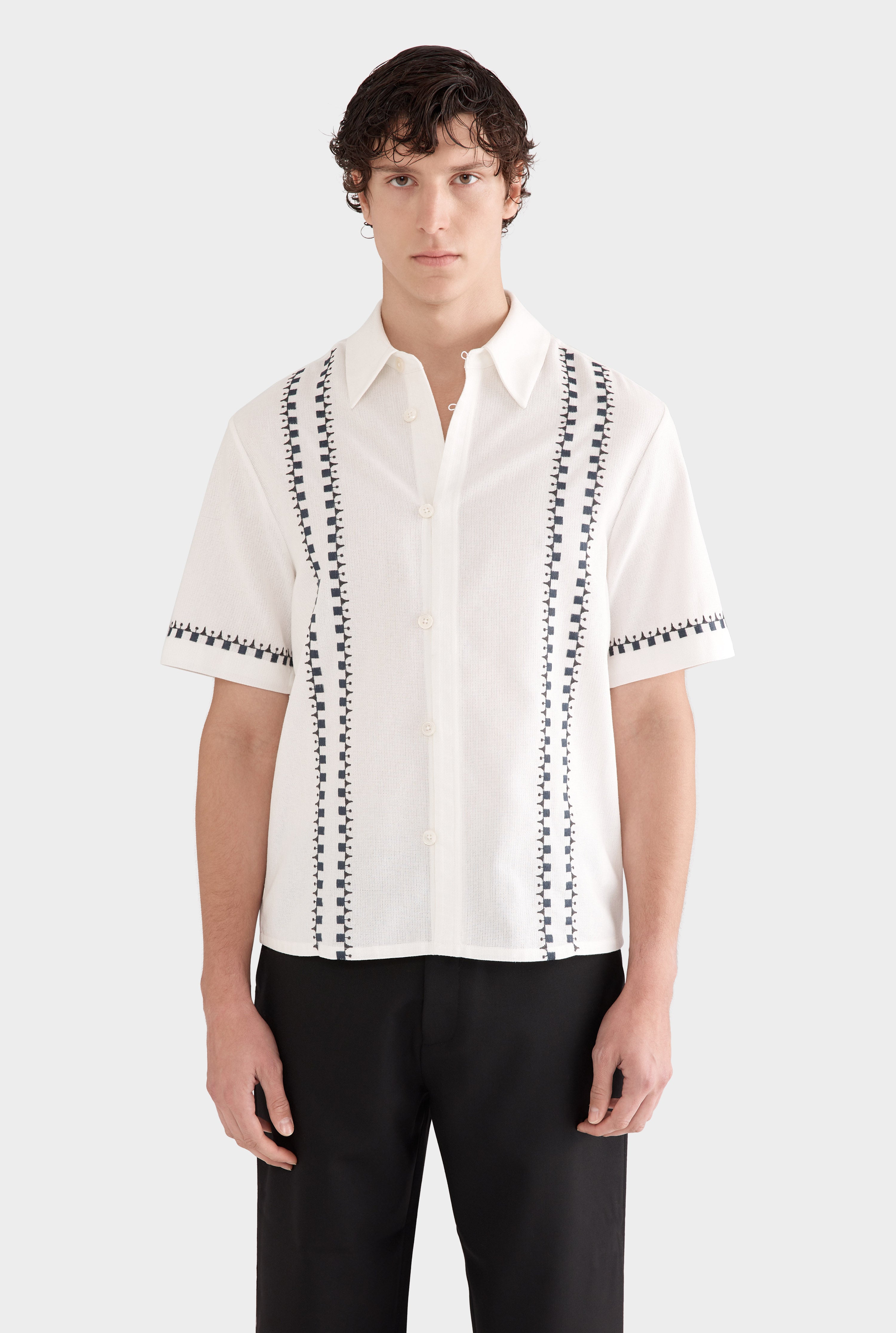 Embroidered Cotton Mesh Short Sleeve Shirt - Off White/Geo Embroidery