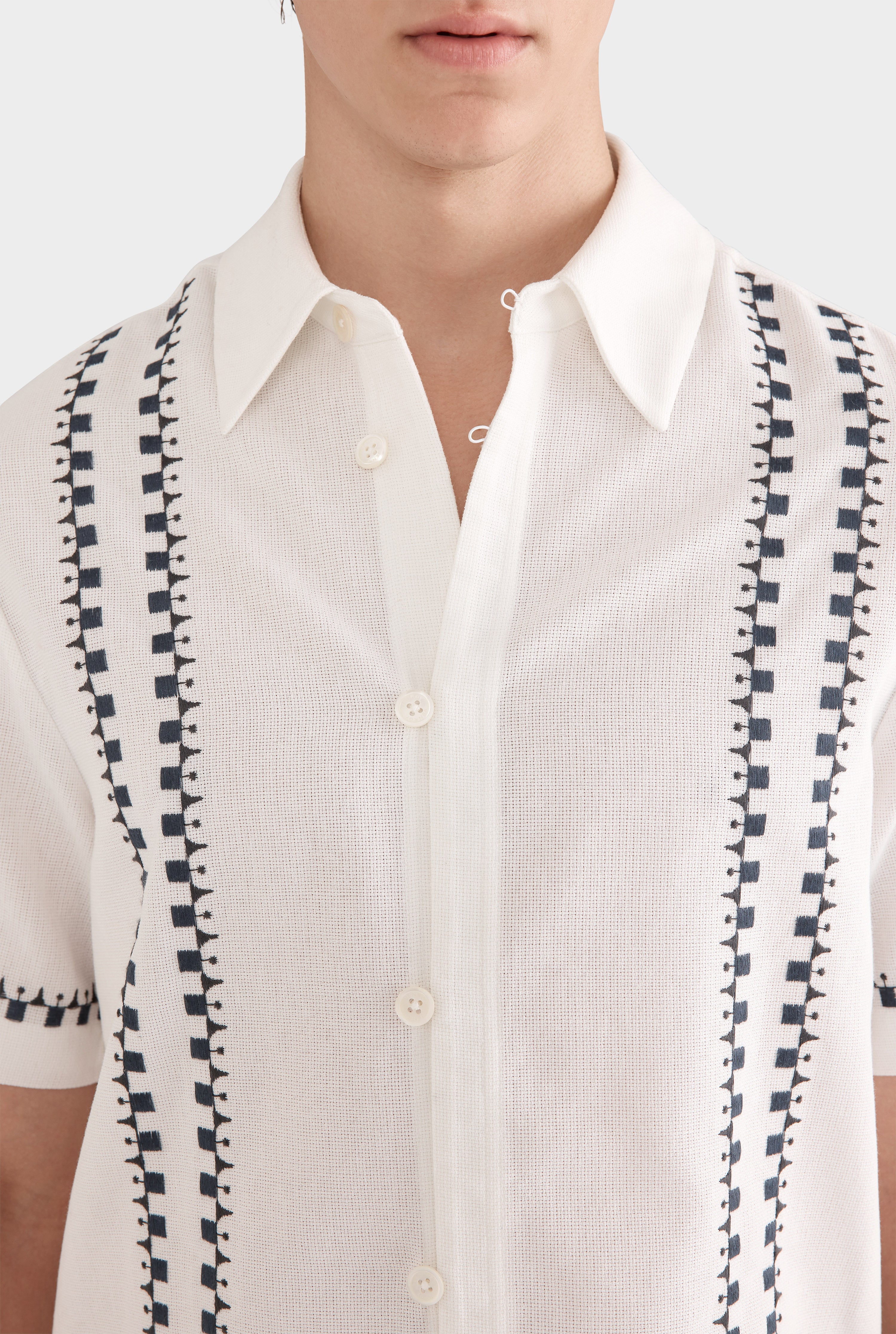 Embroidered Cotton Mesh Short Sleeve Shirt - Off White/Geo Embroidery