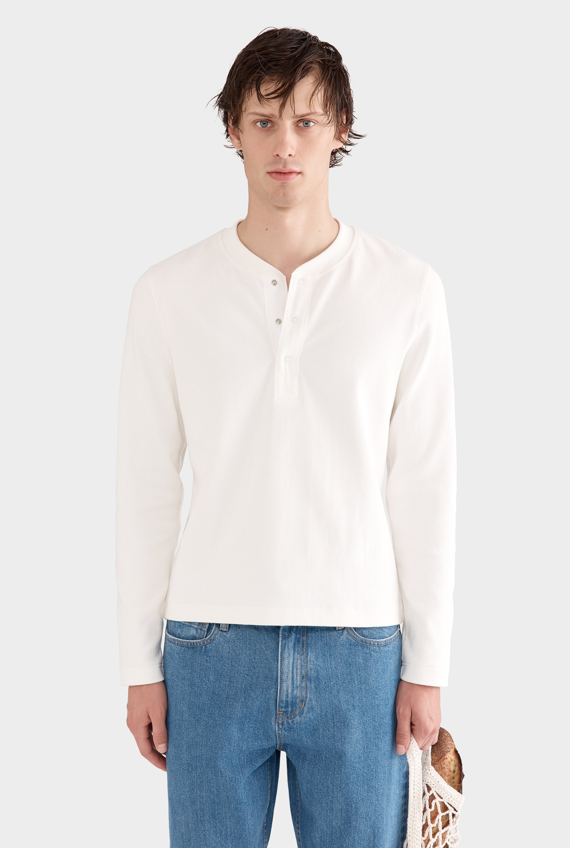 Long Sleeve Jersey Henley Top - Cream