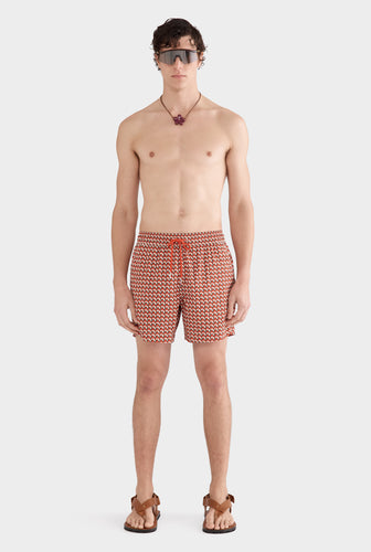 Printed Swim Short - Cocoa/Red V Monogram