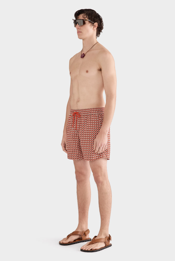 Printed Swim Short - Cocoa/Red V Monogram