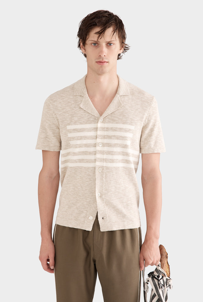 Slub Knitted Contrast Stripe Shirt - Sand/Cream Stripe