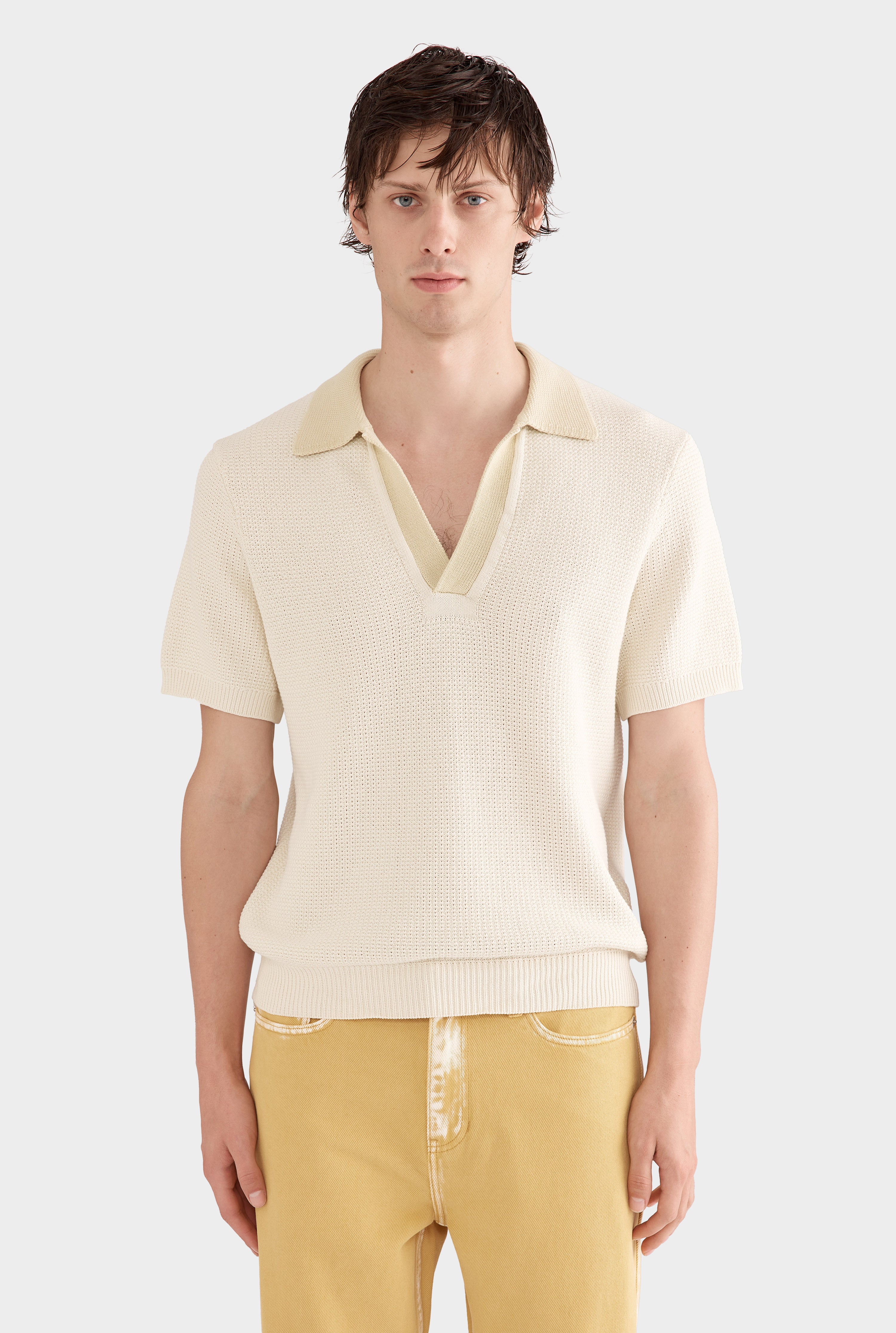 Relaxed Cotton Knit Open Neck Polo - Cream/Green Haze