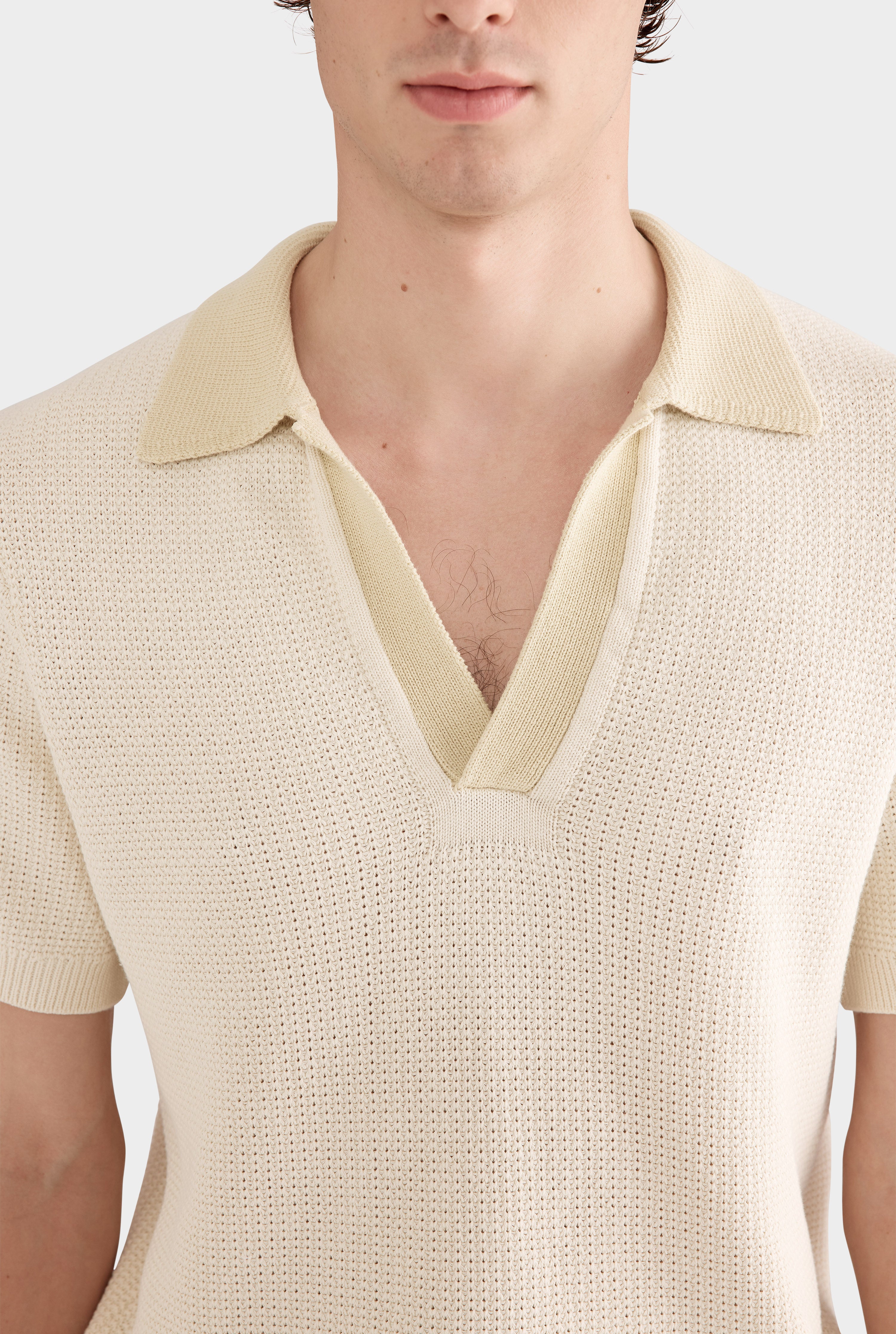 Relaxed Cotton Knit Open Neck Polo - Cream/Green Haze