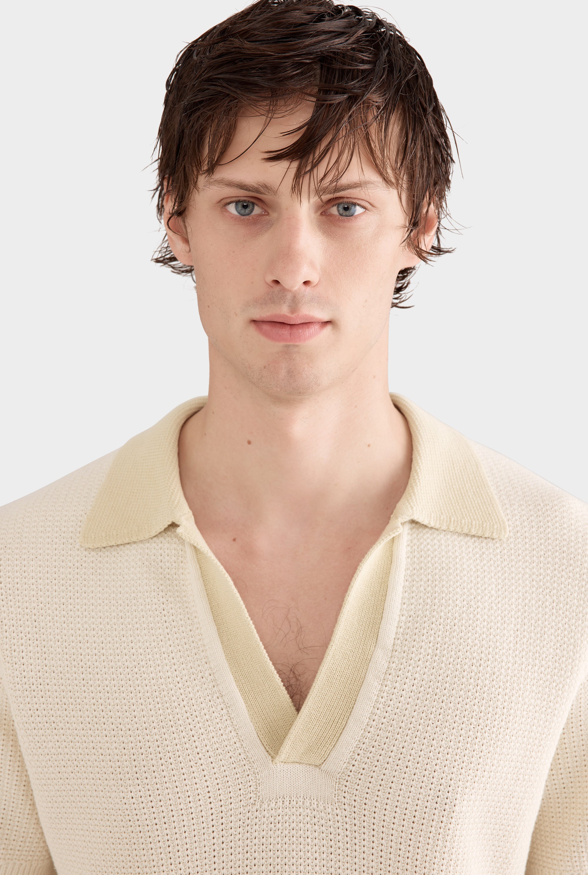 Relaxed Cotton Knit Open Neck Polo - Cream/Green Haze