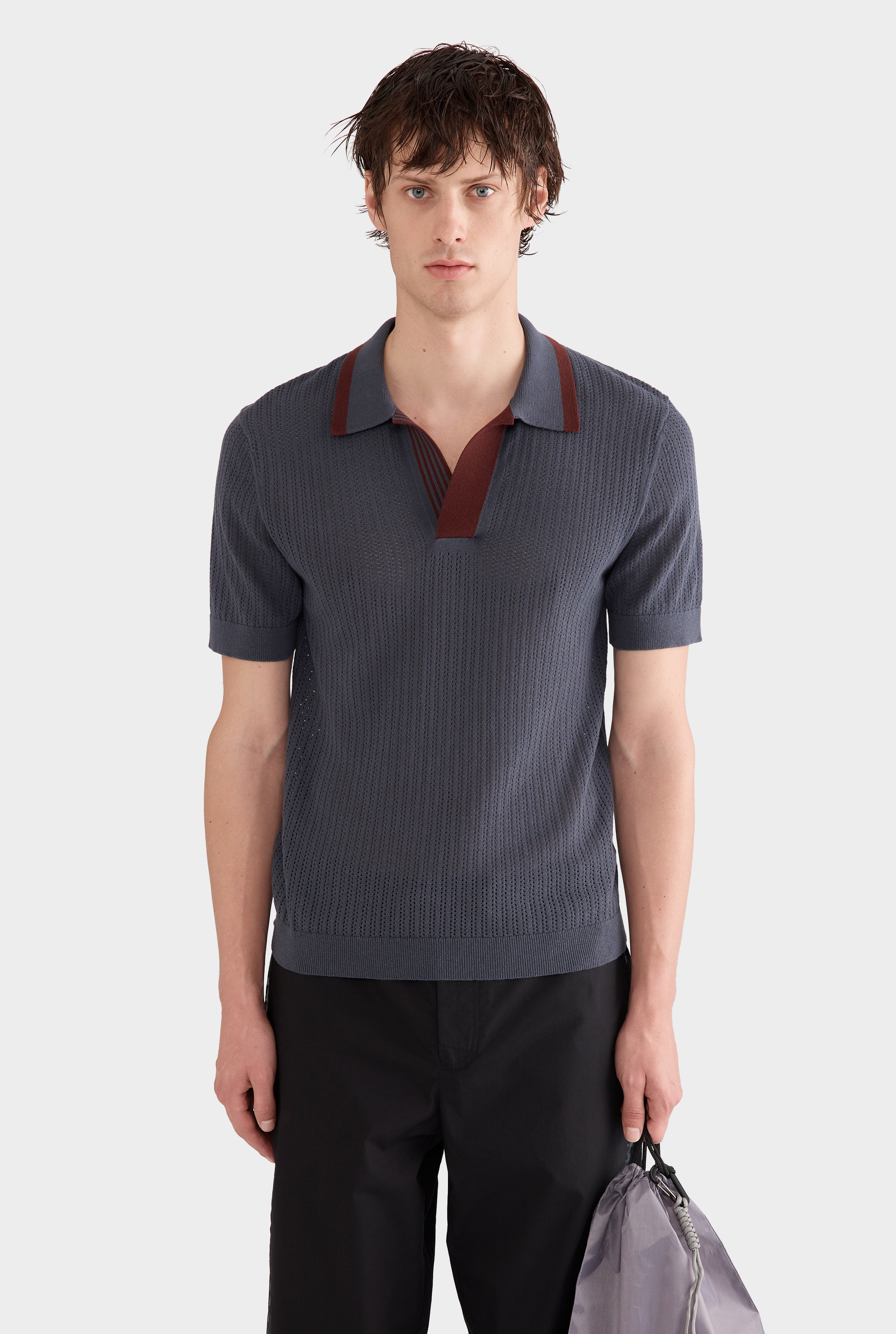 Stripe Collar Cotton Knit Open Neck Polo - Stormy Blue/Brown Mahogany