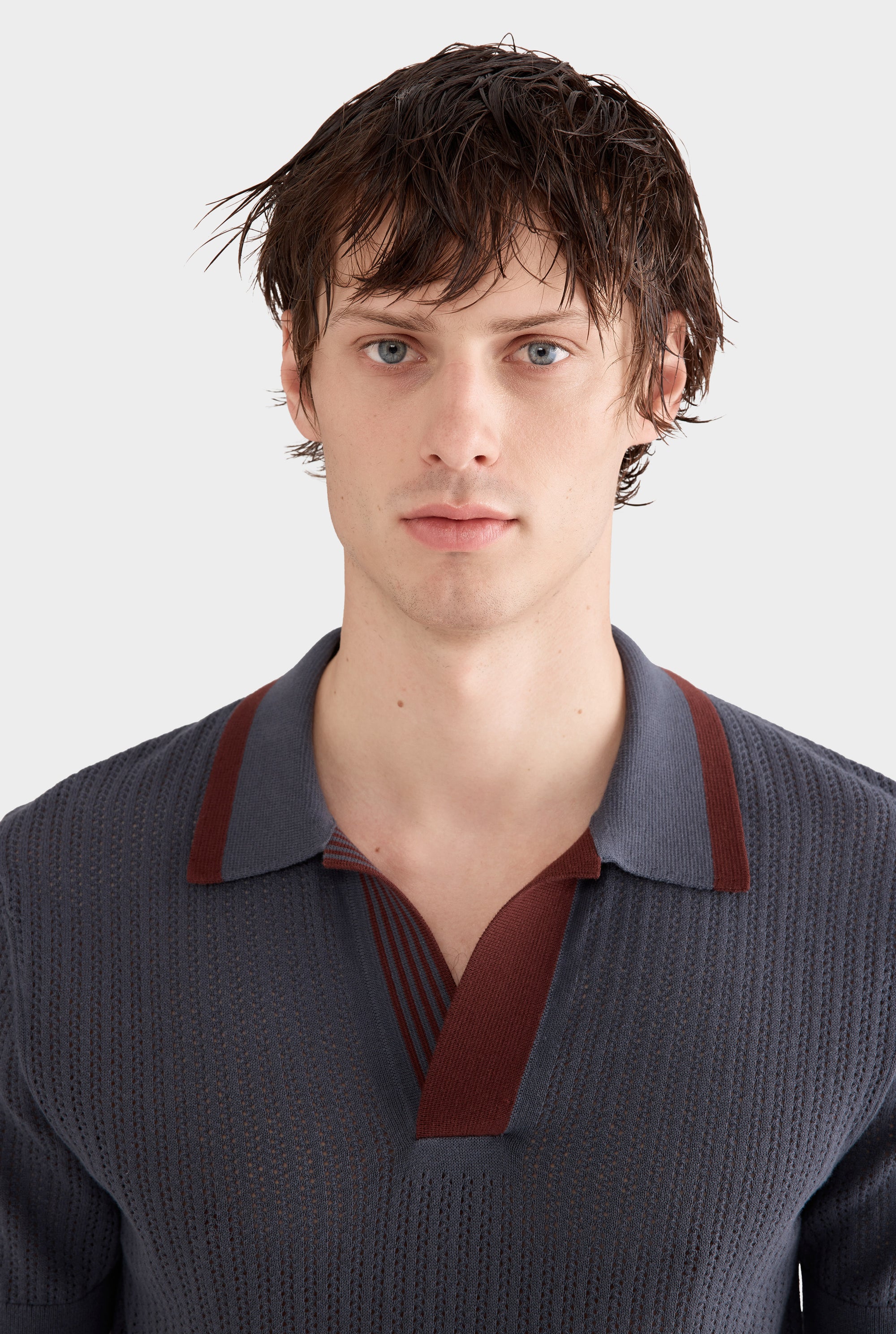 Stripe Collar Cotton Knit Open Neck Polo - Stormy Blue/Brown Mahogany