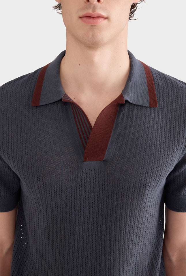 Stripe Collar Cotton Knit Open Neck Polo - Stormy Blue/Brown Mahogany