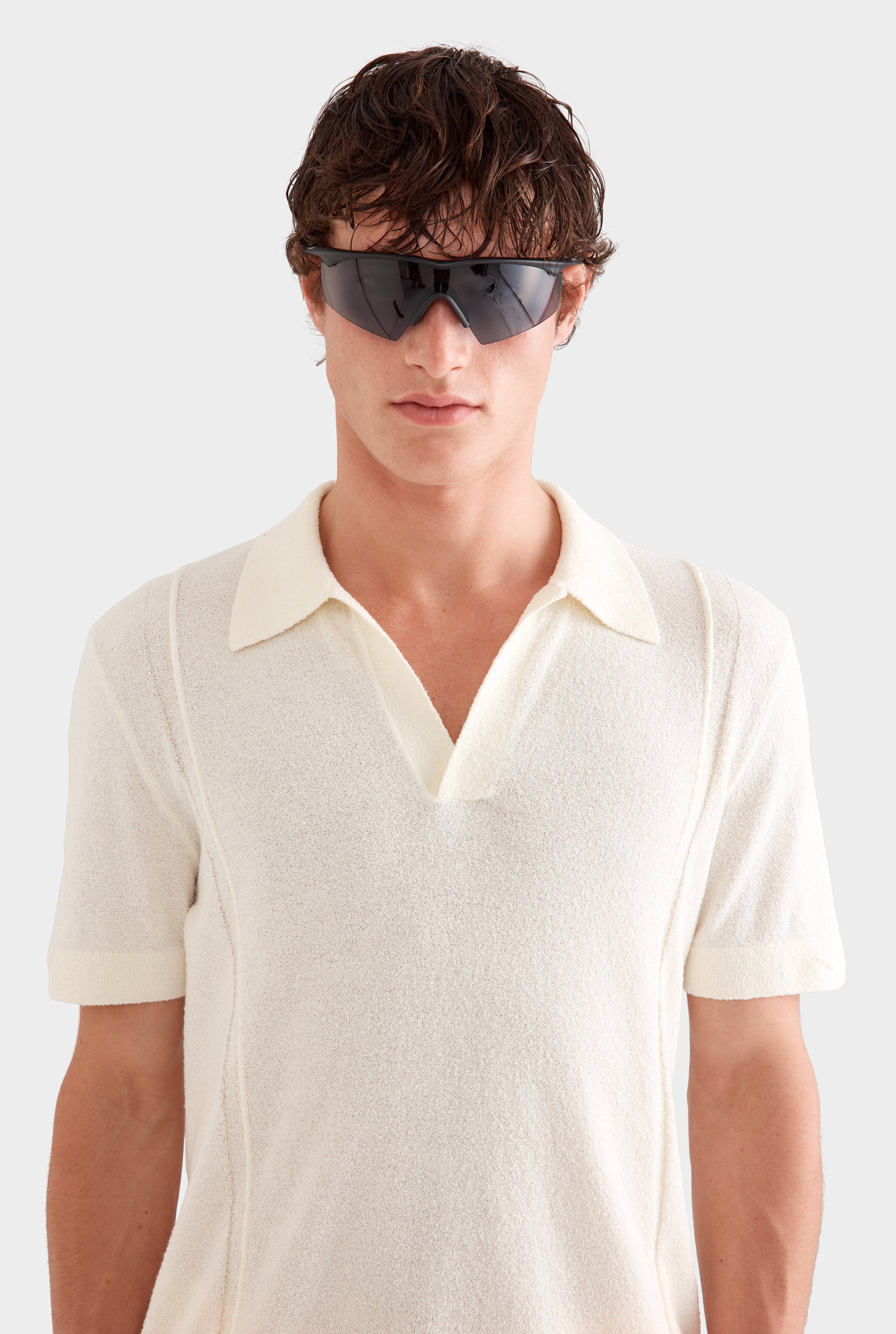 Boucle Stitch Detail Knit Polo -  Cream