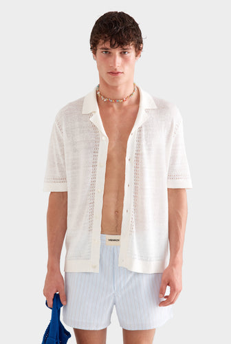 Knitted Contrast Stitch Short Sleeve Shirt -  Off White