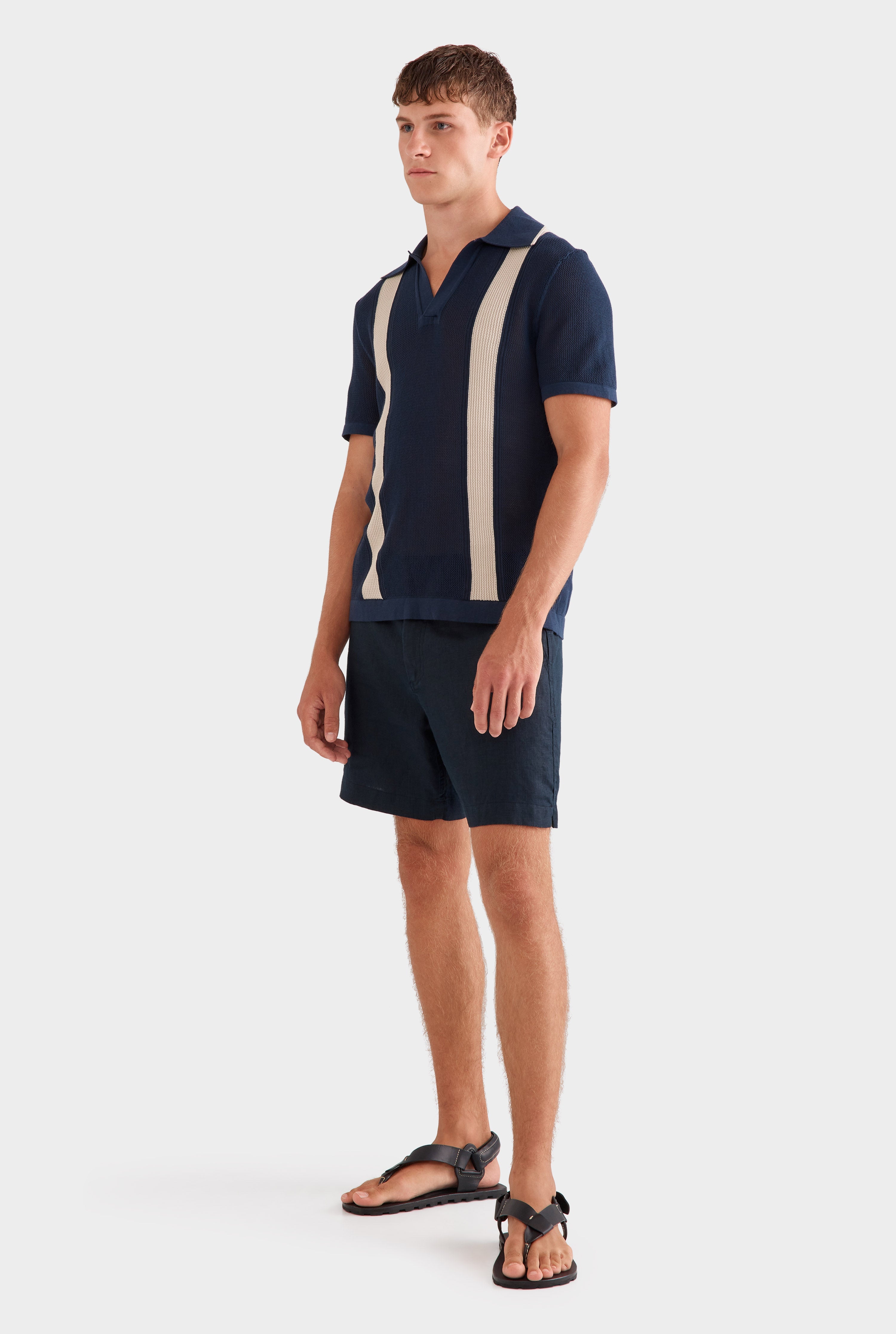 Knitted Cotton Pique Open Neck Polo -  Navy/Taupe