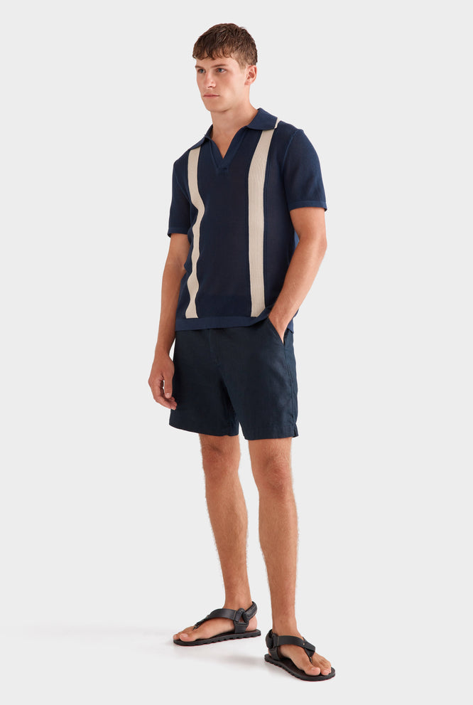 Knitted Cotton Pique Open Neck Polo -  Navy/Taupe