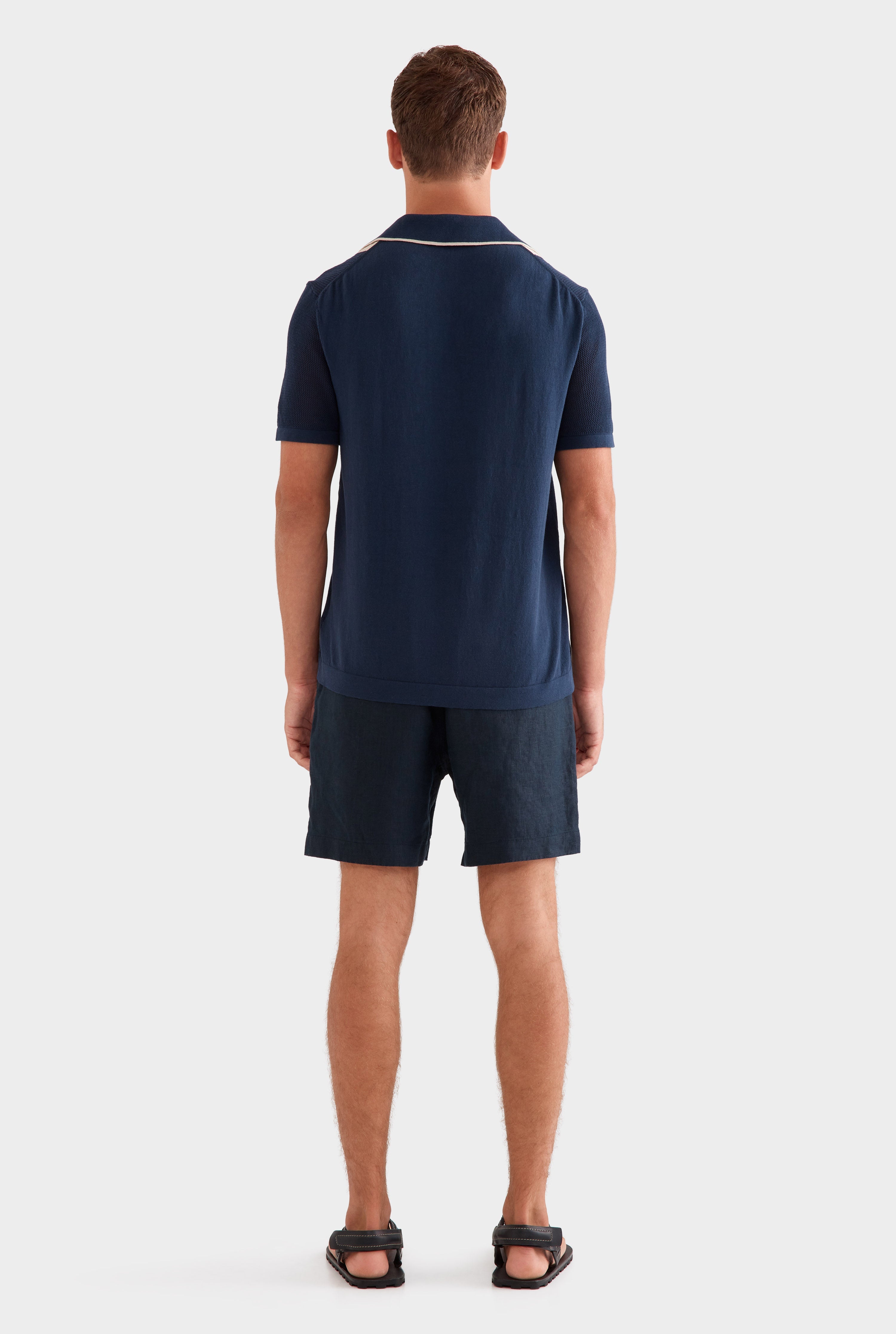 Knitted Cotton Pique Open Neck Polo -  Navy/Taupe