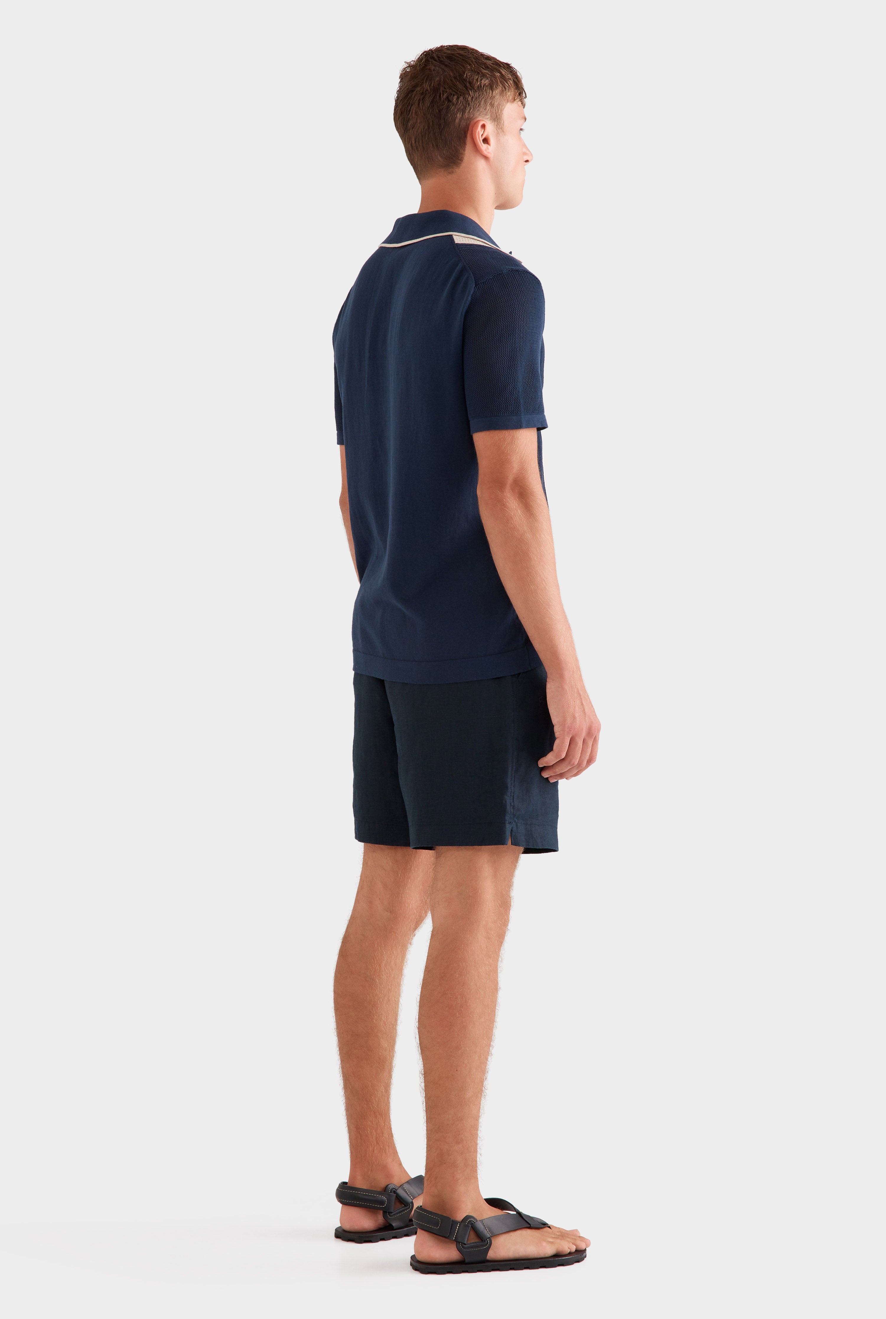 Knitted Cotton Pique Open Neck Polo -  Navy/Taupe