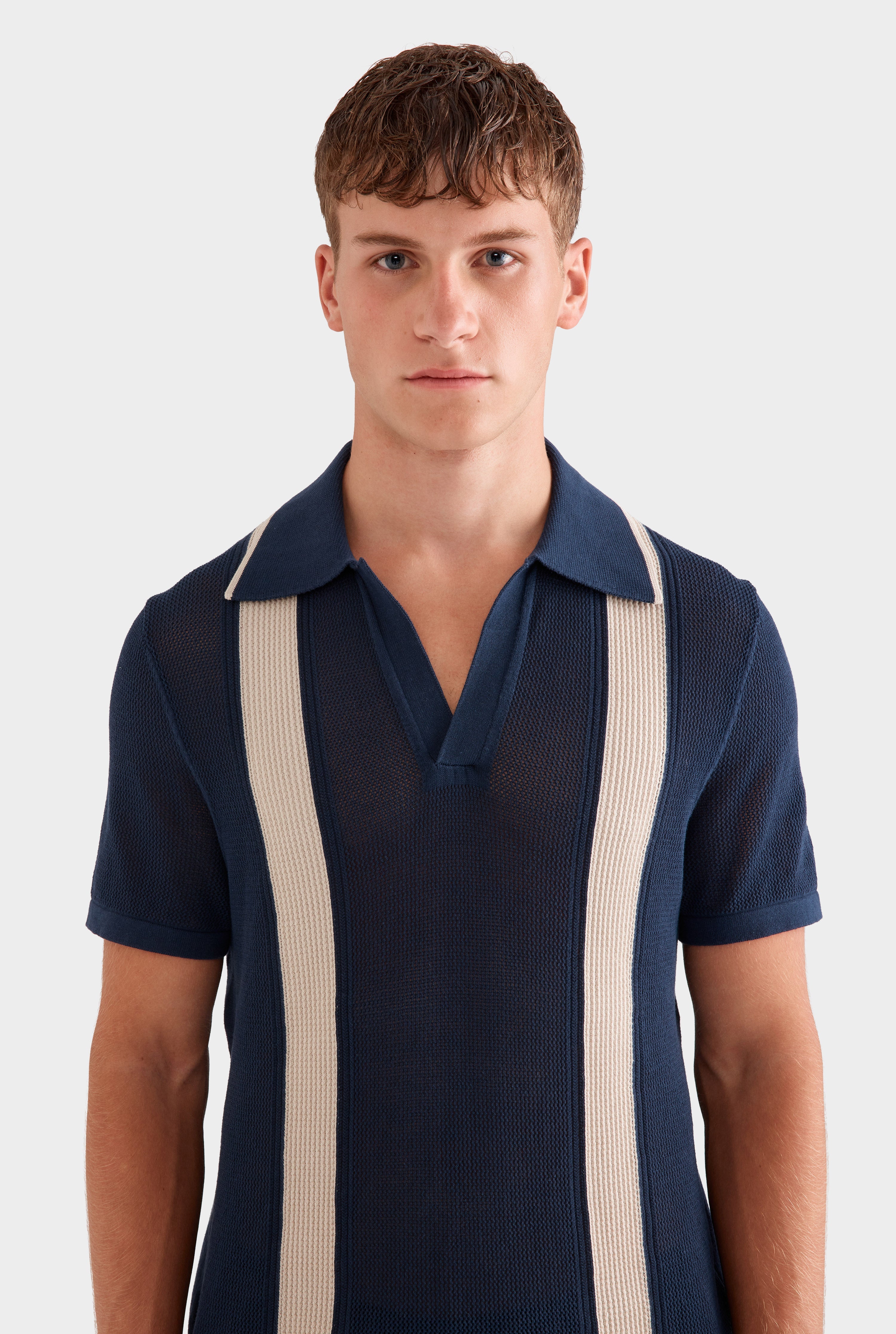 Knitted Cotton Pique Open Neck Polo -  Navy/Taupe