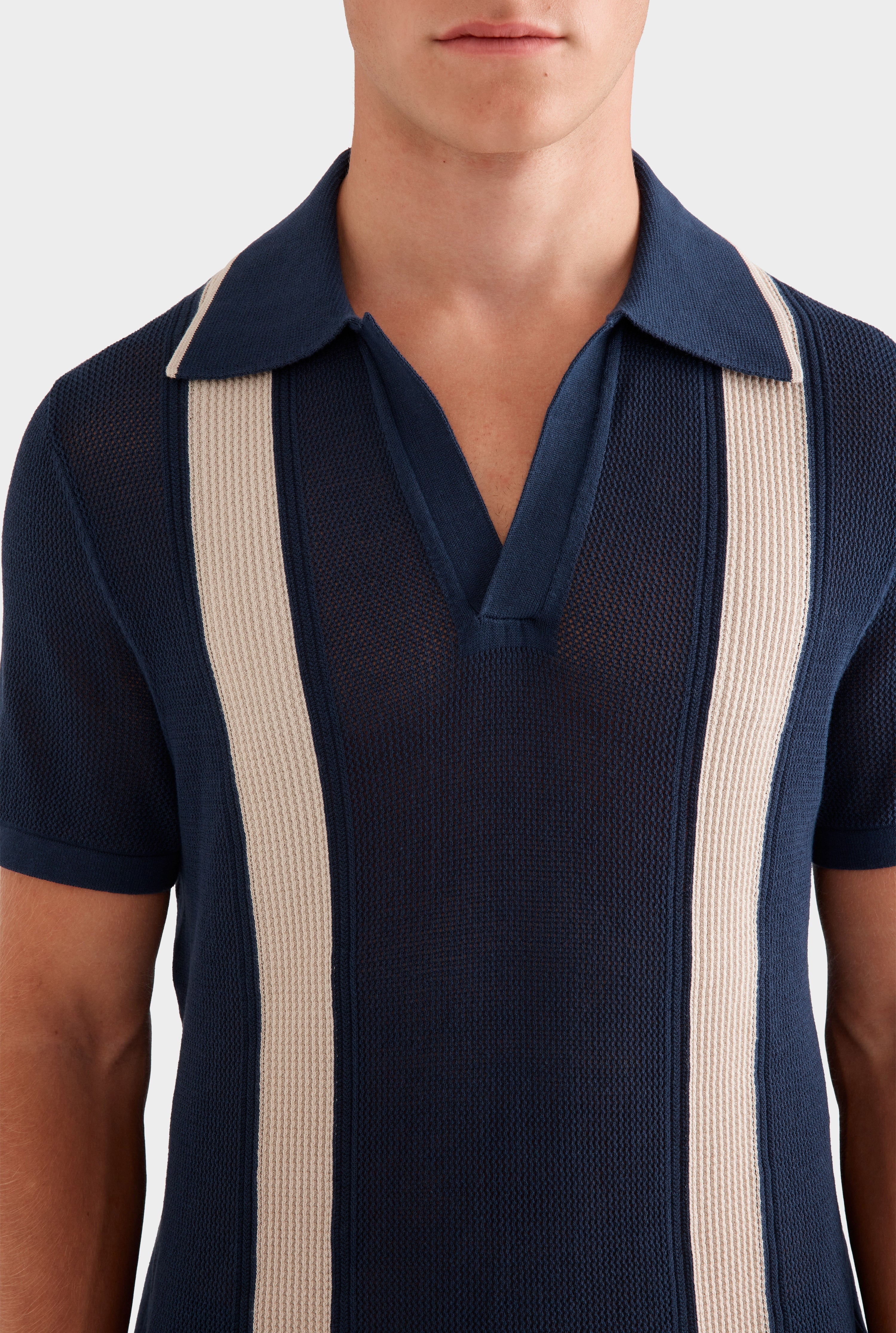 Knitted Cotton Pique Open Neck Polo -  Navy/Taupe