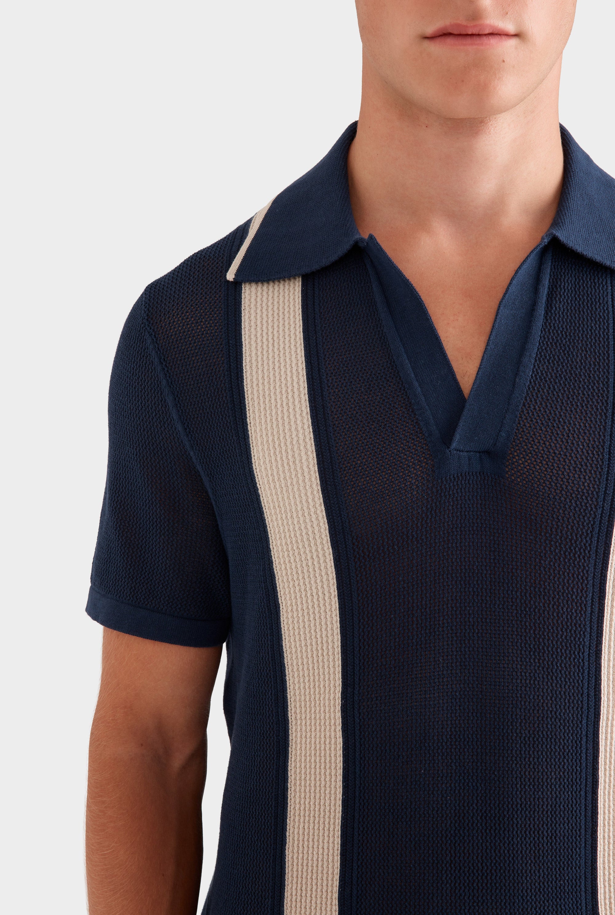 Knitted Cotton Pique Open Neck Polo -  Navy/Taupe