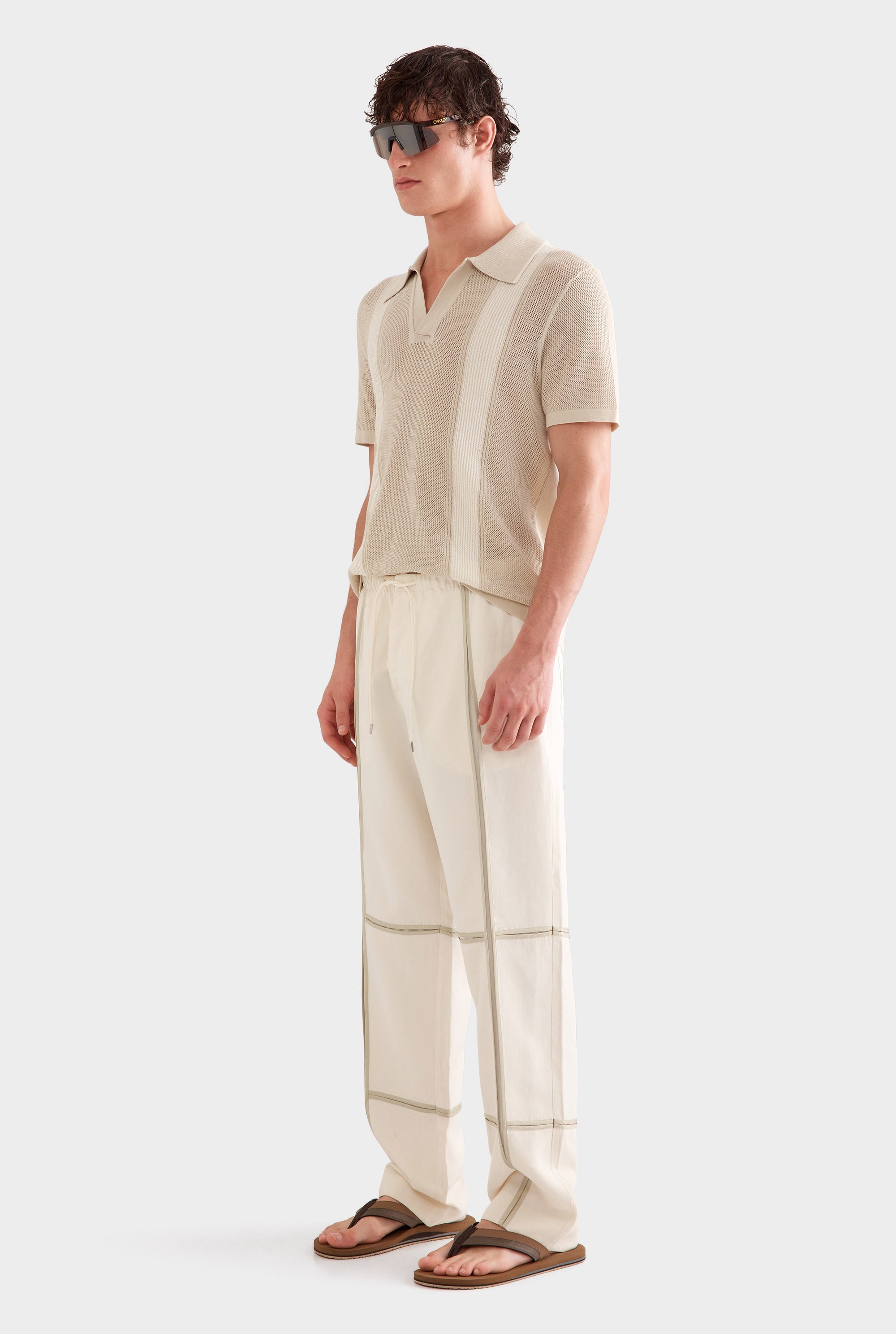 Knitted Cotton Pique Open Neck Polo -  Pistachio Shell/Cream