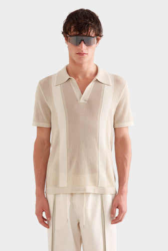 Knitted Cotton Pique Open Neck Polo -  Pistachio Shell/Cream